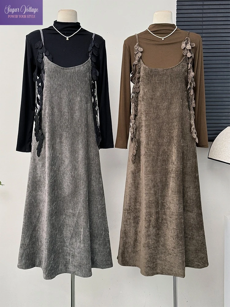 フランス風エレガントベルベットミディ丈スリップドレス レディース 秋 ハイネック長袖Tシャツ風 エレガントヴィンテージ風 ツーピース スリムフィット