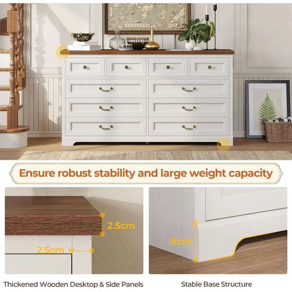 素朴な木製収納キャビネット、寝室用の深い引き出し付き、幅55.1インチ、ヴィンテージハンドル