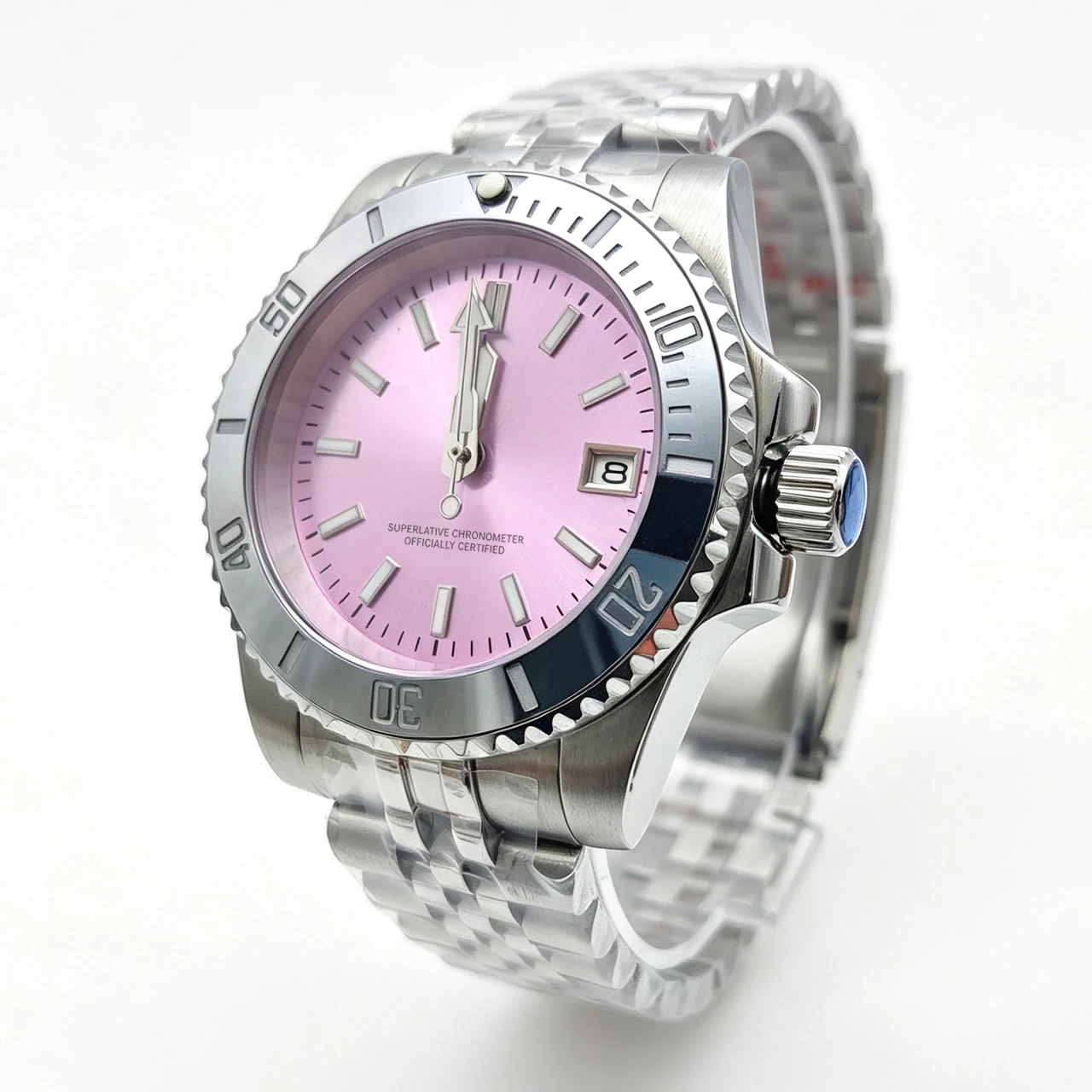 40mm NH35 Custom Logo Purple Dial Watch, Mineral Crystal Exhibition Back Green Luminous 50M Waterproof,  DIY Gift Watch