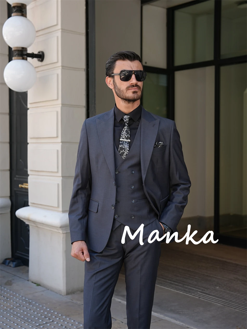 Fatos cinzentos clássicos masculinos, roupa do noivo do casamento, slim fit, blazer, colete, calças, negócios formais, festa de escritório, terno masculino, 3 peças