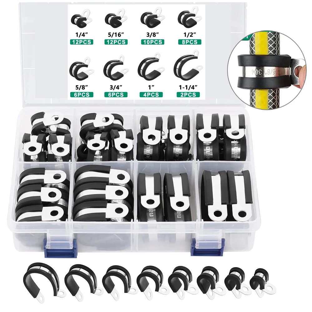 60pcs Cable Clamps Assortment Kit,304 Stainless Steel Rubber Cushion Pipe Clamp R Clips 1/4