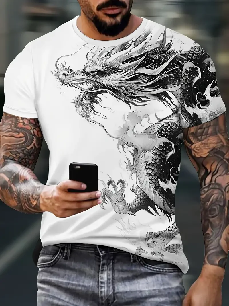 

3D Dragon Print Men‘s T-Shirts Short Sleeve Casual O Neck Pullover Street Outdoor Tops Tee Outdoor Sportshirt Oversized Clothing