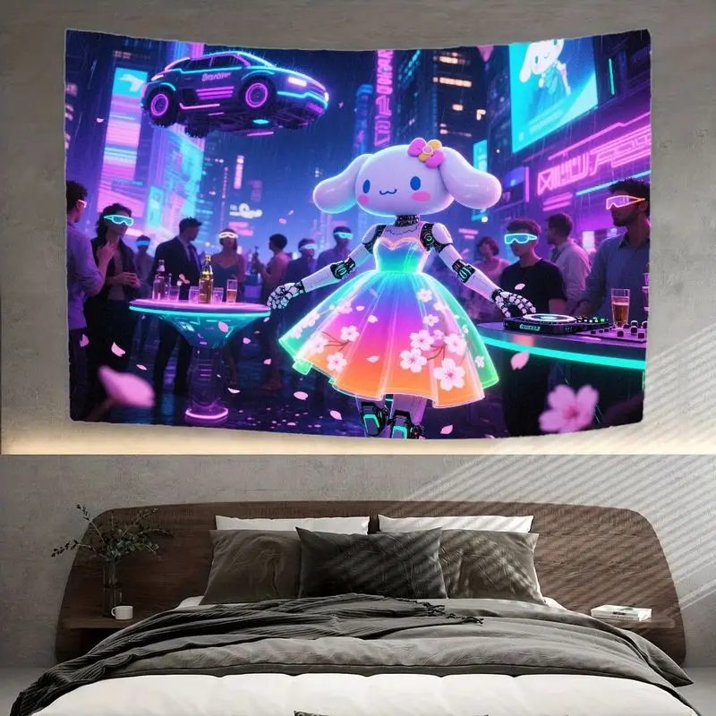 1PC 카와이 로봇 DJ 개 태피스트리 사이버펑크 네온 레이브 벽 예술 미래지향적인 도시 장식 게이머를 위한 아름답고 생생한 선물
