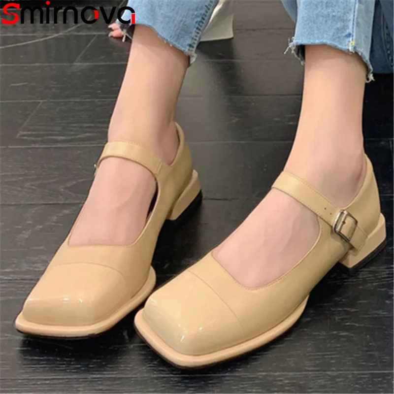 

Smirnova 2022 New Arrive Genuine Leather Spring Shoes Square Toe Shallow Women Pumps Square Low Heels Dress Shoes