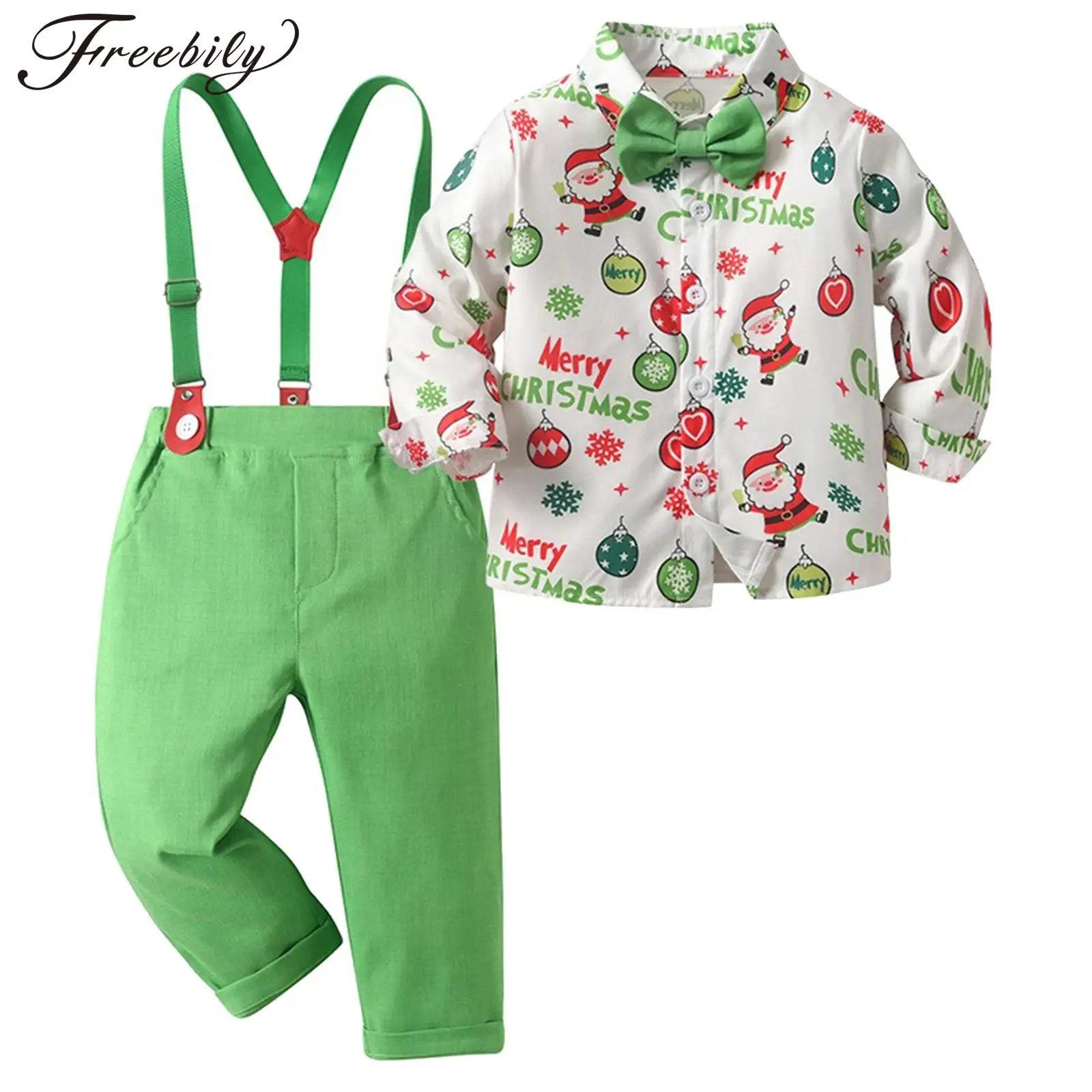

Kids Toddler Boys Christmas Gentleman Suit Long Sleeve Santa Printed Bowtie Shirt with Suspender Pants for Xmas Holiday Party