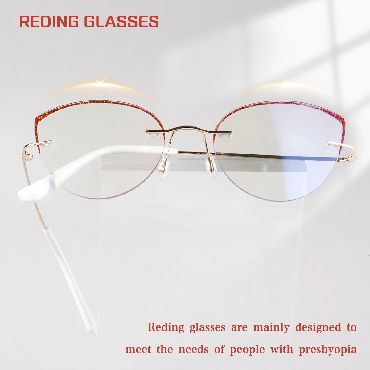Damen-Katzenaugen-Lesebrille ohne Rahmen, Presbyopie-Brille, klare Sicht, Blaulichtfilter, leicht und stilvoll. – Detail 3