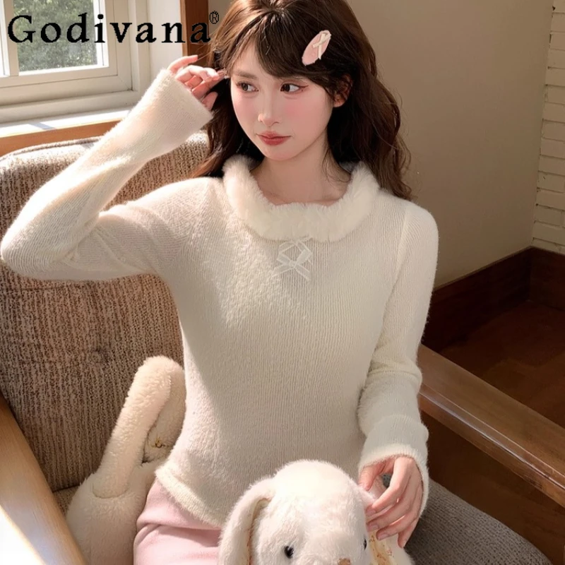 

Sweet Style Velvet Slim Fit Long Sleeve T-Shirt for Women 2025 New Bowknot Base T Shirt Female Winter Daily Wear Lolita Top