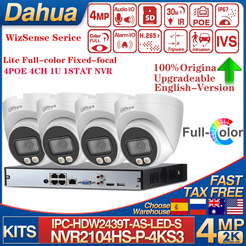 Dahua IPC-HDW2439T-AS-LED-S2 Full-color  Smart Dual Light SMD Plus WizSense IP Camera 4POE 4CH NVR2104HS-P-4KS3 Kits