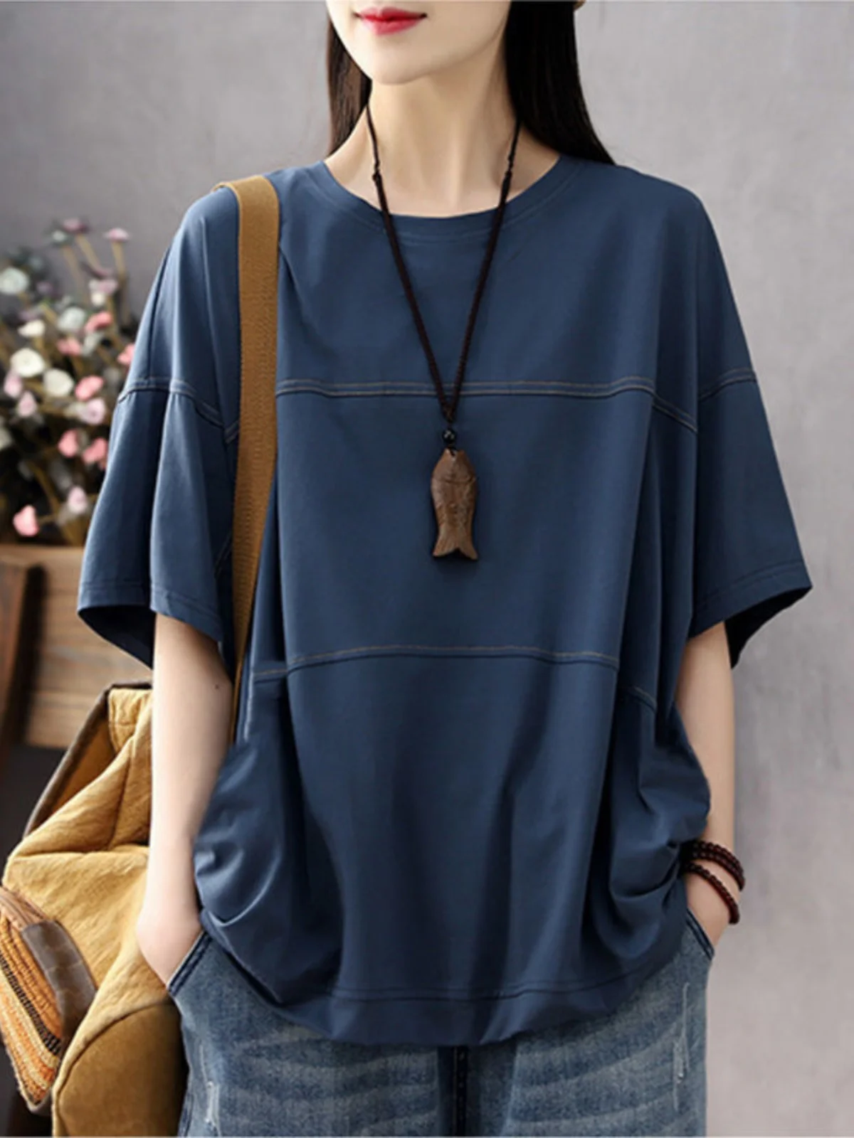 ルーズレディース-tシャツ半袖夏新スタイルラインスプライシングカジュアルヴィンテージ痩身ボディシャツポケットハンカチ