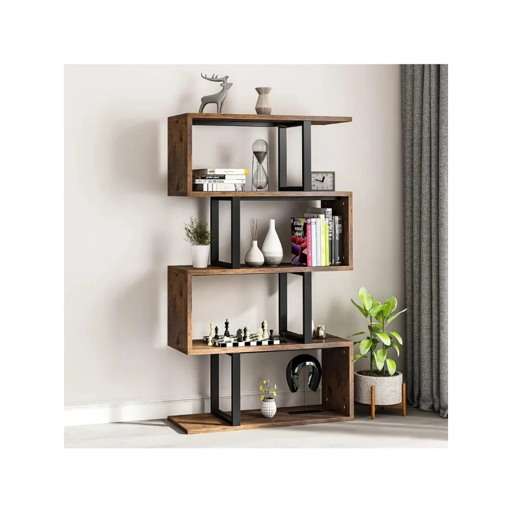 5-Tier Bookshelf, S-Shaped Z-Shelf Bookshelves and Bookcase, Industrial Freestanding Multifunctional Decorative Storage