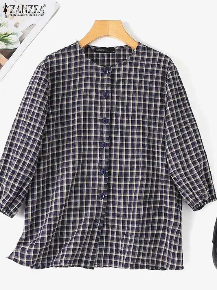 ZANZEA Plaid 3/4 Puff Sleeve Blusas Mujer O Neck Checked Holiday 2024 Fashion Party Tops Casual Elegant Button Up Women Shirts