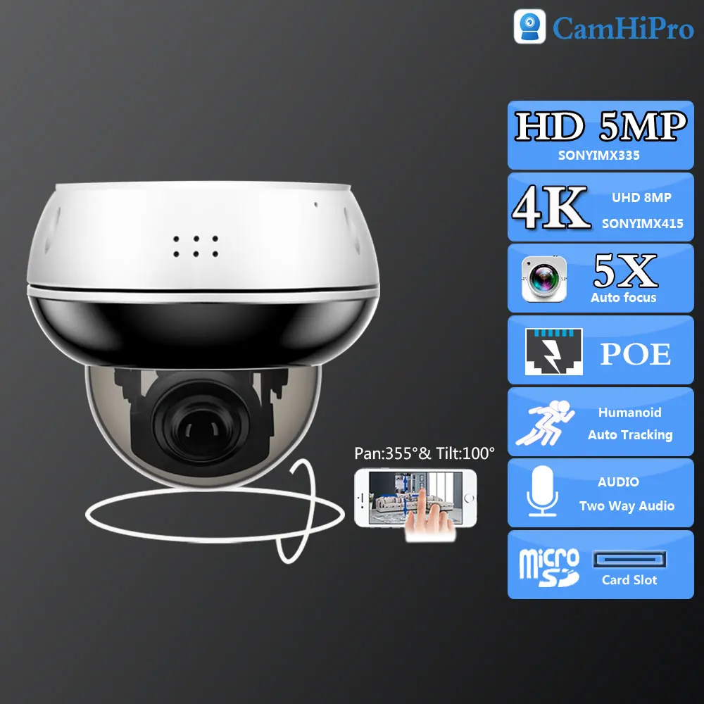 

So-ny415 4K 8MP Surveillance POE Dome PTZ 355° 2.7-13.5mm 5X Auto Optical Zoom Human Tracking Two Way Audio IR 30m Outdoor