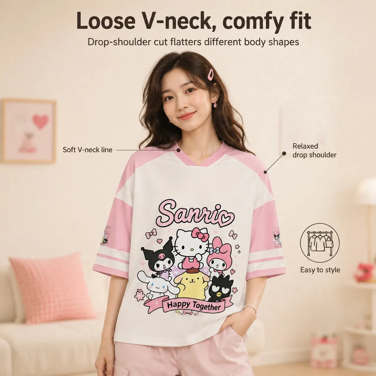 Sanrio All Stars T-Shirt Pink White Color Block V-Neck Oversized Jersey Cute Front Back Print Kawaii Streetwear Casual T-shirt