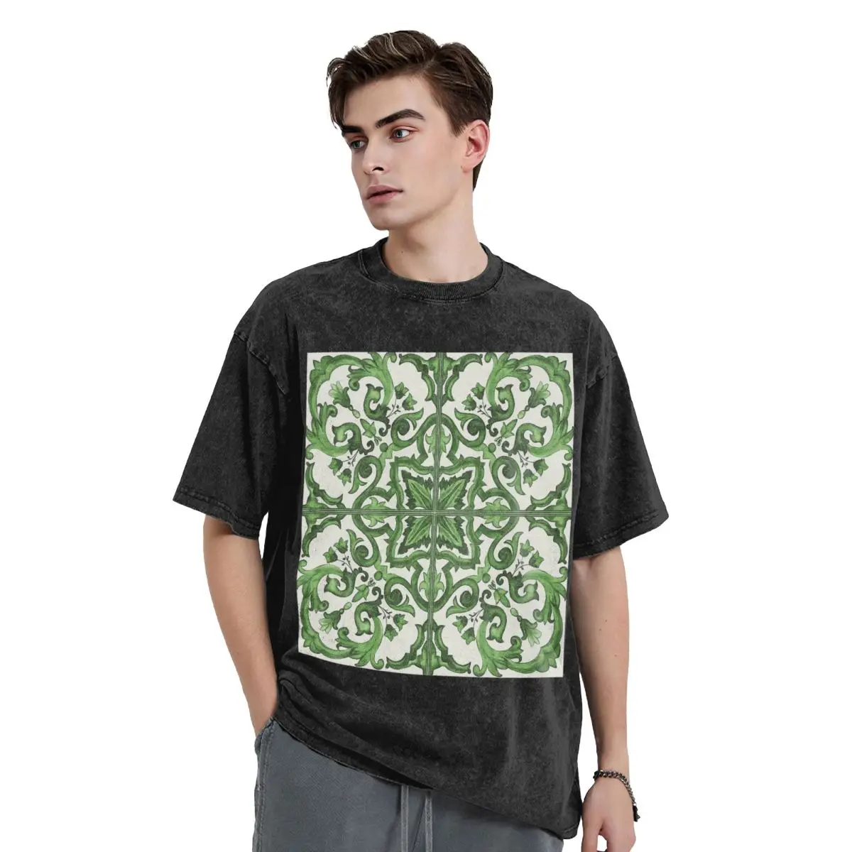 

Green Ornate Floral Mediterranean Sicilian Tile T Shirts Vintage Short Sleeve Hip Hop T-Shirt Streetwear Tops Tees for Men Women