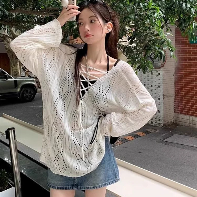 

Summer Hollow Out Oversized Pullovers Women Korean Chic Lace Up Sunscreen Shirt Woman Solid Color Long Sleeve Thin Sweater Top