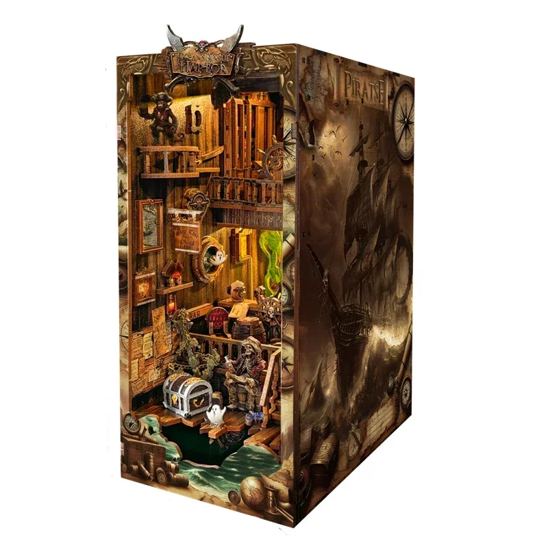 

New World Pirate Ship Book Nook DIY Wooden Shelf Insert Miniature Model Kits With Furniture Bookshelf Bookend for Friends Gifts