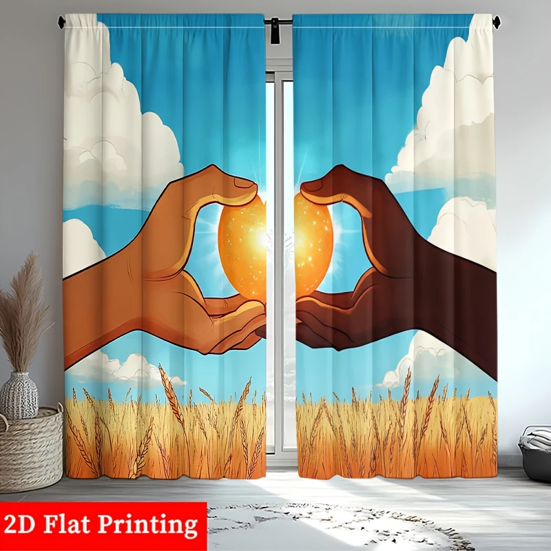 Rideau décoratif 'Mains tenant le rideau solaire', motif 'Art de la diversité et de l'unité' et 'Ciel champ de blé', pour la décoration intérieure du salon et de la chambre, idéal pour les fenêtres.