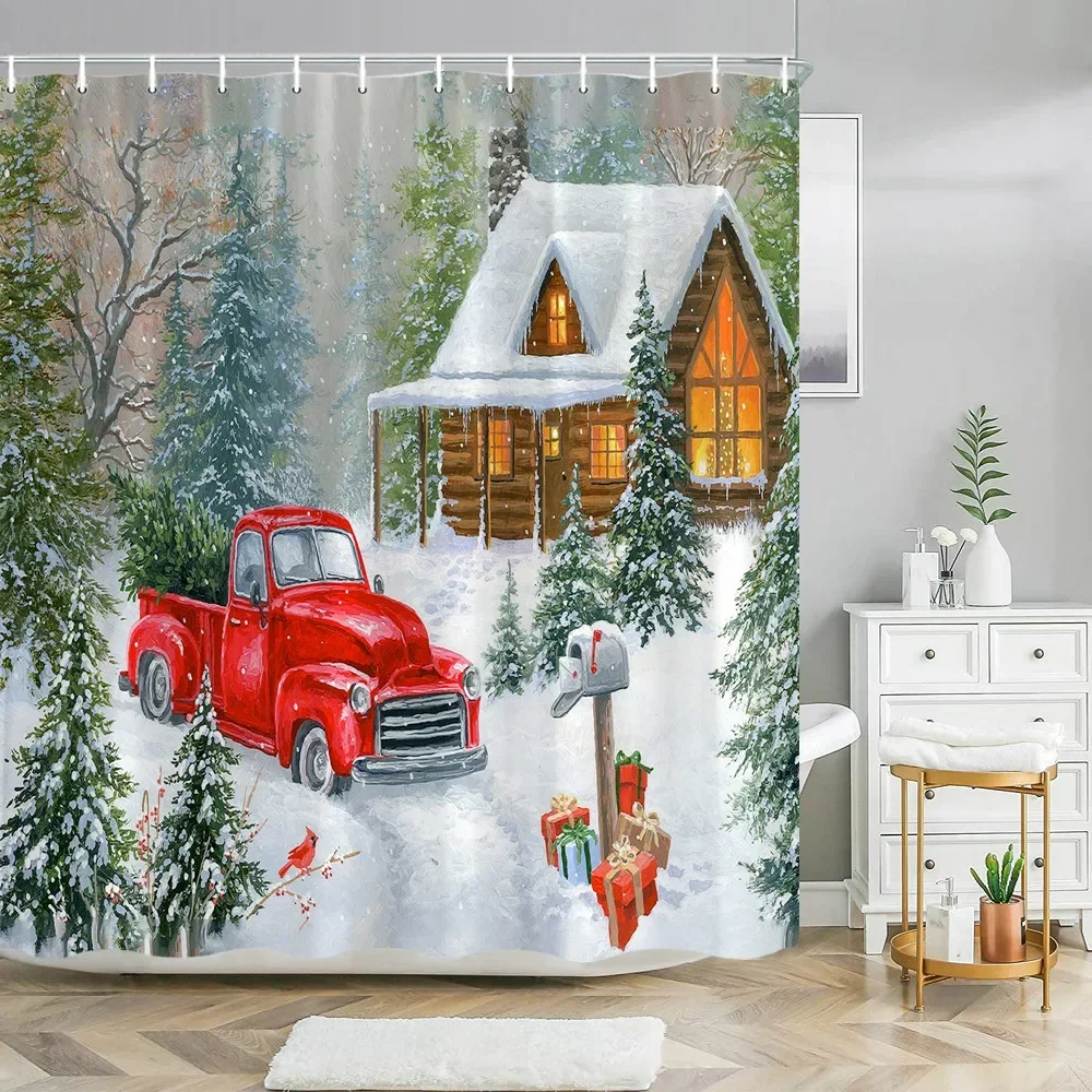 Snowman Bathroom Decoration Shower Curtain Santa Elk Cartoon Fabric Winter Christmas Theme Kids' Bathroom Decor Bath Accessories