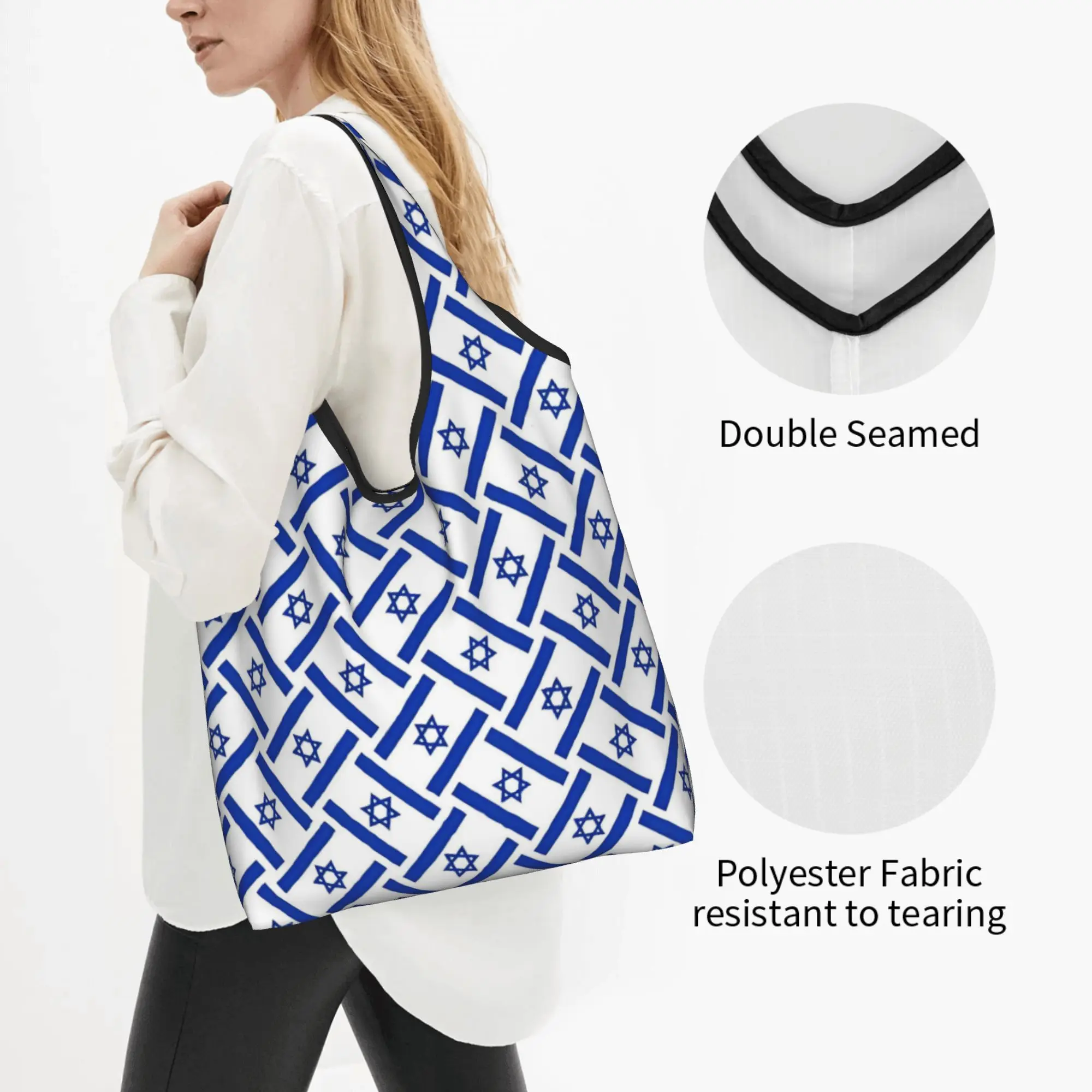 Fashion Printed Israel Nation Patriotic Blue Shopping Tote Bag Portable Shopper Shoulder  Handbag