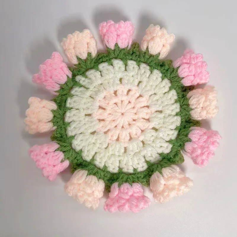 Fertige gewebte Glockenblumen-Tassenuntersetzer, hübsche gestrickte Rosenblumen-Kaffeetassenuntersetzer, gehäkelte Untersetzer mit Pflanzenmotiv – Detail 2