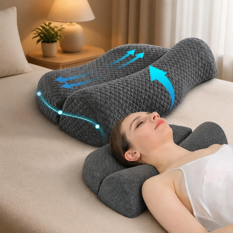 Contour-shaped neck and shoulder support cushion designed to enhance sleep quality and promote better posture