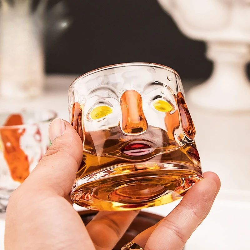 Wooden Base Rotatable Whiskey Glass, Innovative Bar Supplies, Vintage Brandy Scottish Bourbon Whiskey Glass