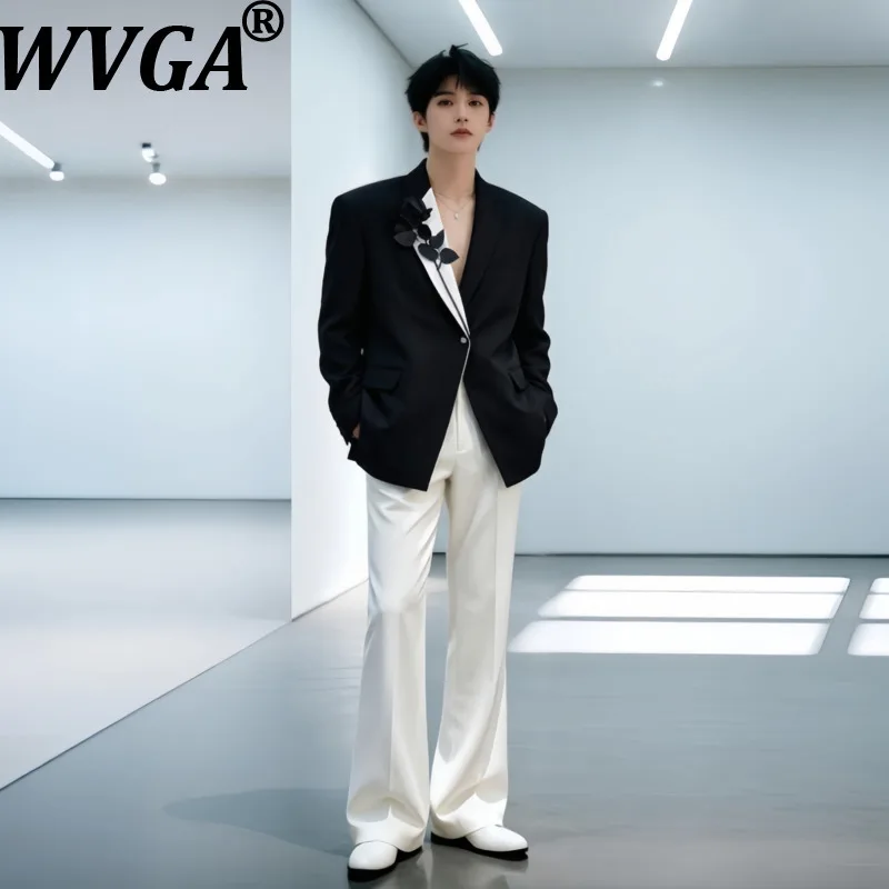 WVGA Spring Autumn New Men Trendy Corsages Worn Padded Shoulder Blazer Niche Chic Casual Straight Suit Pants 2 Pieces Set W28062