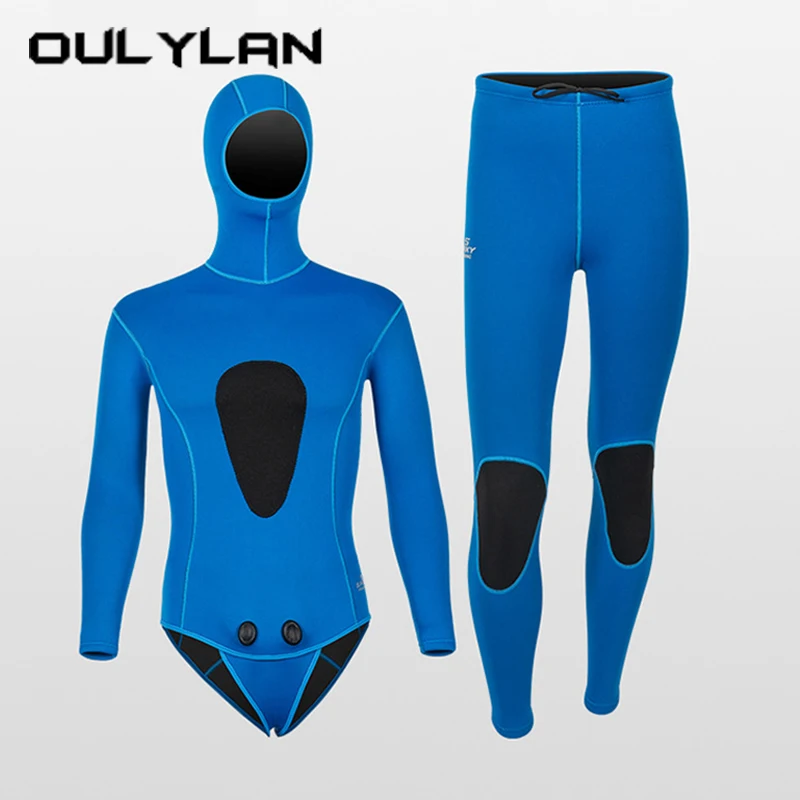 

Oulylan 2 Piece Set Scuba Freediving Clothes Cold-proof Split Swimsuit Male Pure Color Diving Suit 3MM Neoprene Hooded Wetsuit