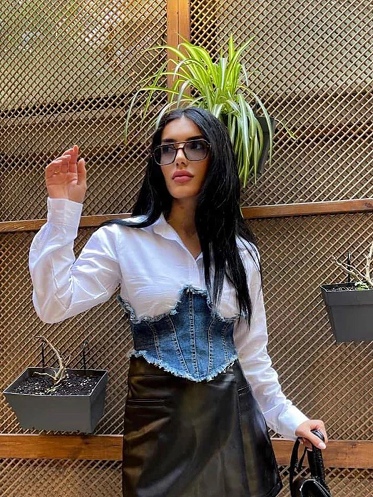 

Vintage Denim Suits Patchwork Constrat Shirts Slim Distressed Lady Split Dress Casual Fashion Street Wear Elegant Outfits Chic