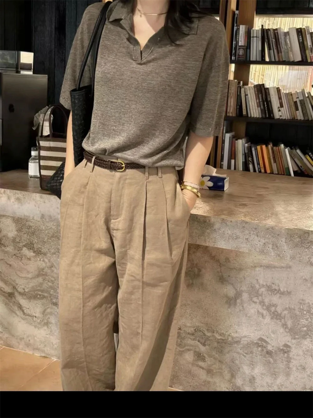 Women's T-Shirts and Polo 100 Linen Sweater Slimming Simple Versatile Top