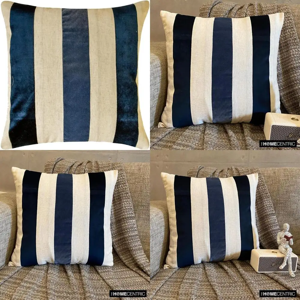 

Navy Velvet & Linen Patchwork Striped Throw Pillow Covers Outdoor Furniture 20x20 Inches