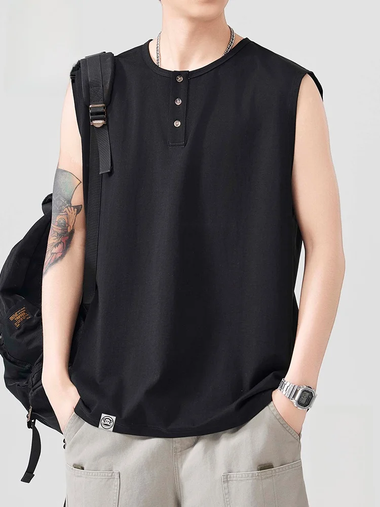 

Летняя мужская повседневная майка свободного кроя из ледяного шелка с пуговицами, из смесового хлопка и полиэстера