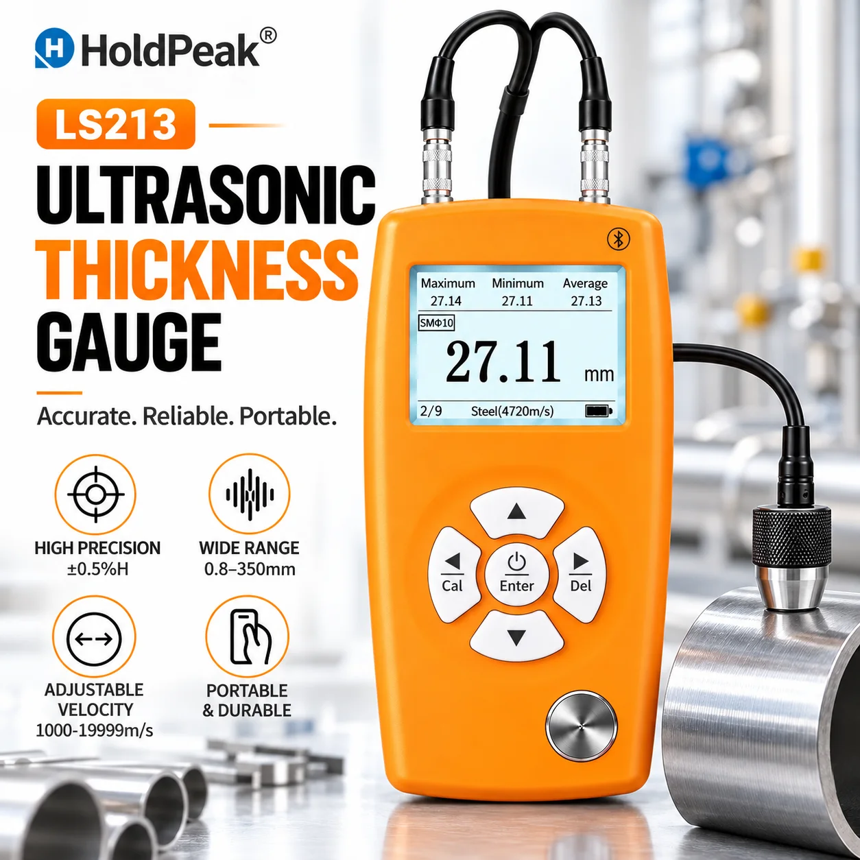 Ultrasonic Thickness Gauge 0.8-350mm Digital Tester 5MHz Probe Bluetooth APP 999 Data Storage for Metal Steel Plastic Glass