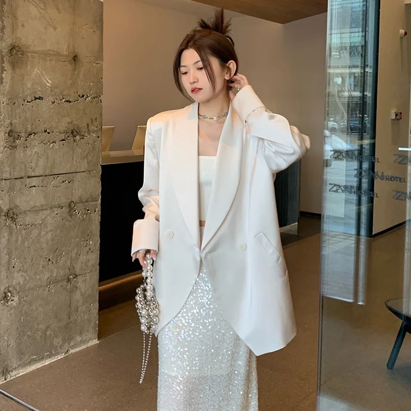 Vintage Casual Beige Suit Jacket Spring New Women Notched Collar Double-breasted Long Sleeve Female Blazers Coat Chaqueta Mujer