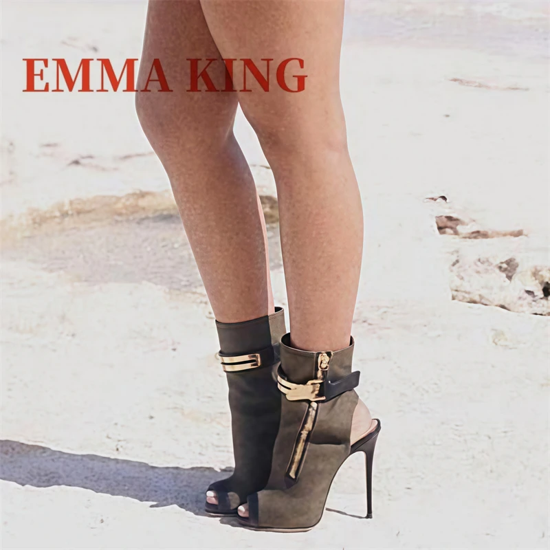 الجيش الأخضر قماش حذاء من الجلد مثير خنجر الكعوب الذهب مشبك معدني ديكور أحذية بوت قصيرة الجانب سستة المفتوحة تو رقيقة أحذية عالية الكعب