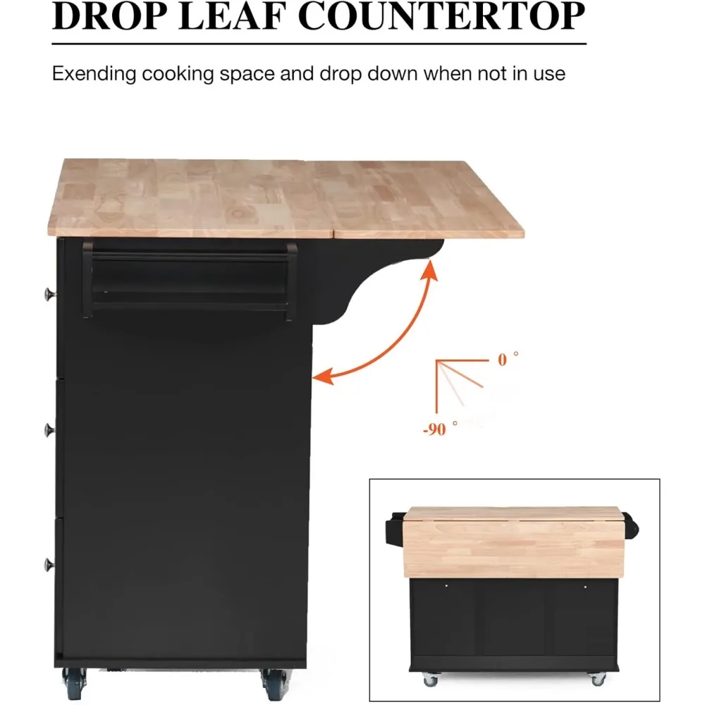 Kitchen cart, rolling cart with storage, portable kitchen island with fallen leaves, black kitchen cart on wheels