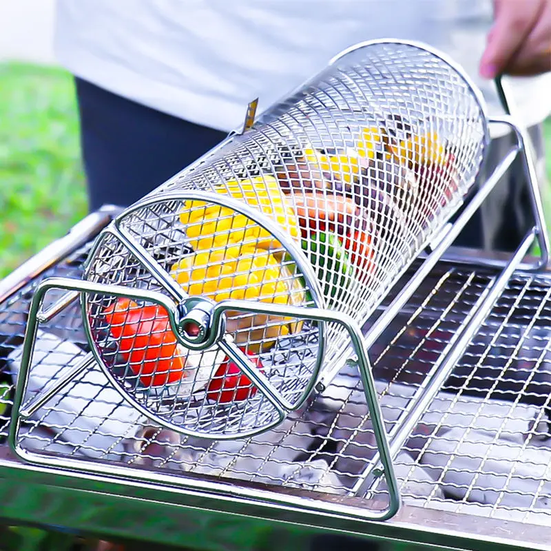 Stainless Steel Rolling BBQ Grill Mesh Basket Grill Rotisserie Basket roll Barbecue cage Roaster