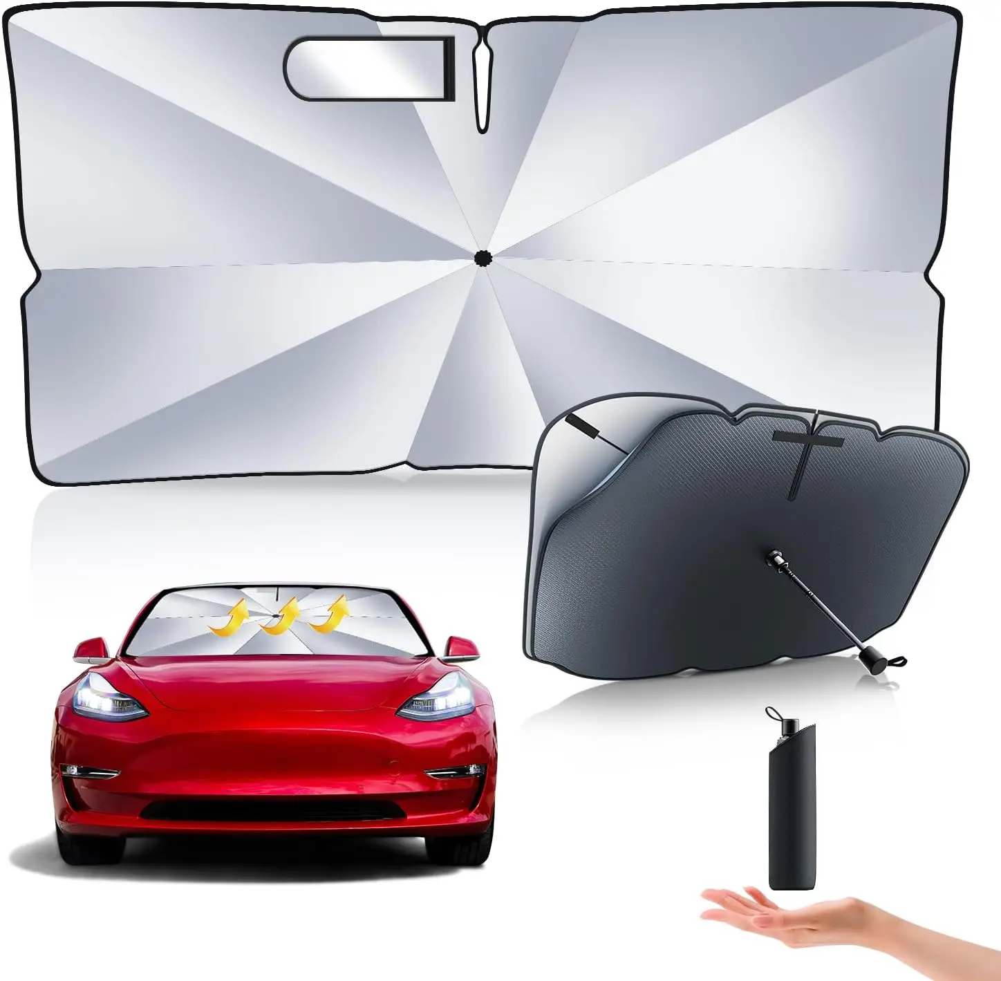 2024 Newest Tesla Model 3/Model Y Windshield Sunshade Double Layer Umbrella-[Outer Cooling Ice Crystal Layer][Built-in Vinyl In