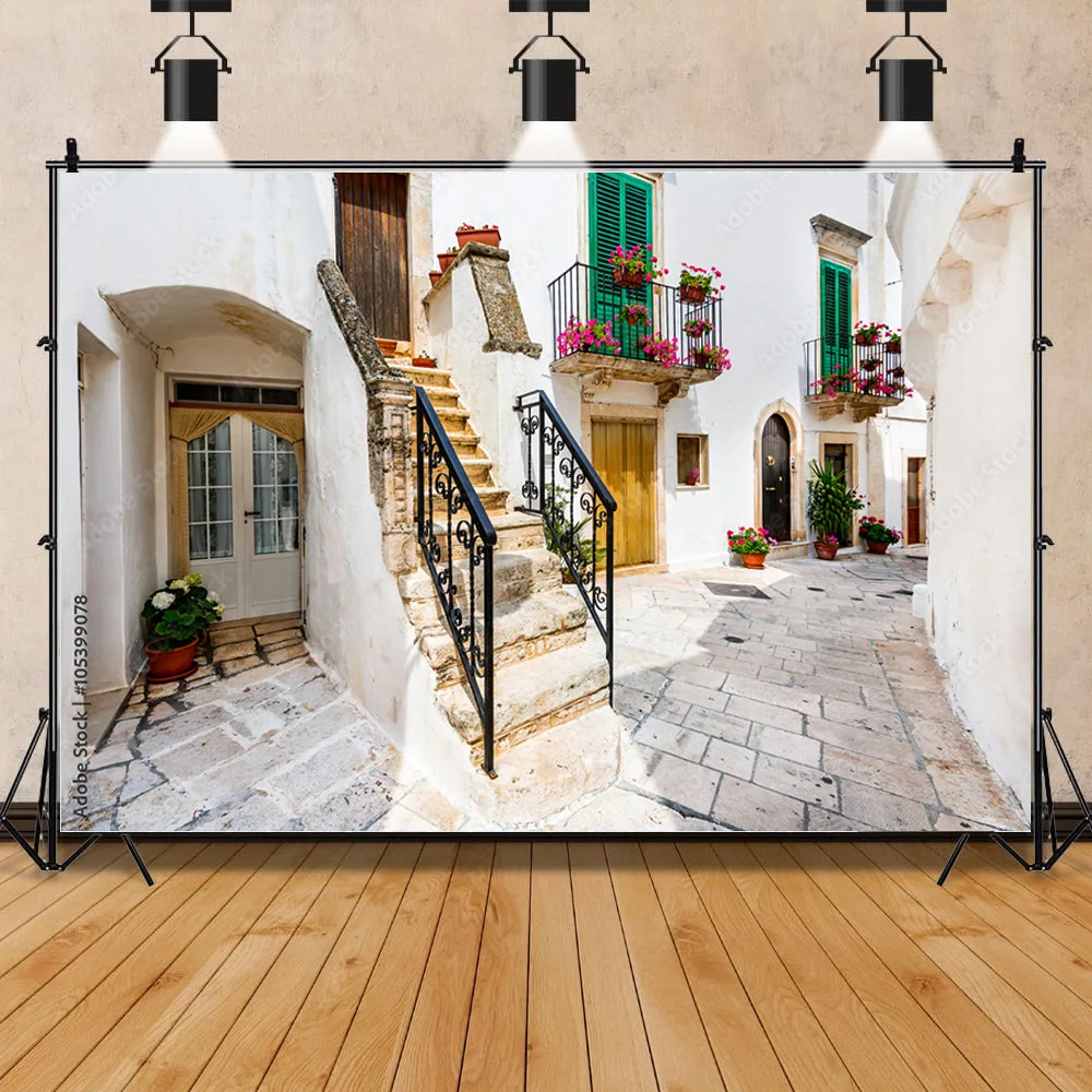 NITREE Streets Seaside Island Scenery and Plants Houses White Pigment Wedding Photos Photography Background Props HJD-02