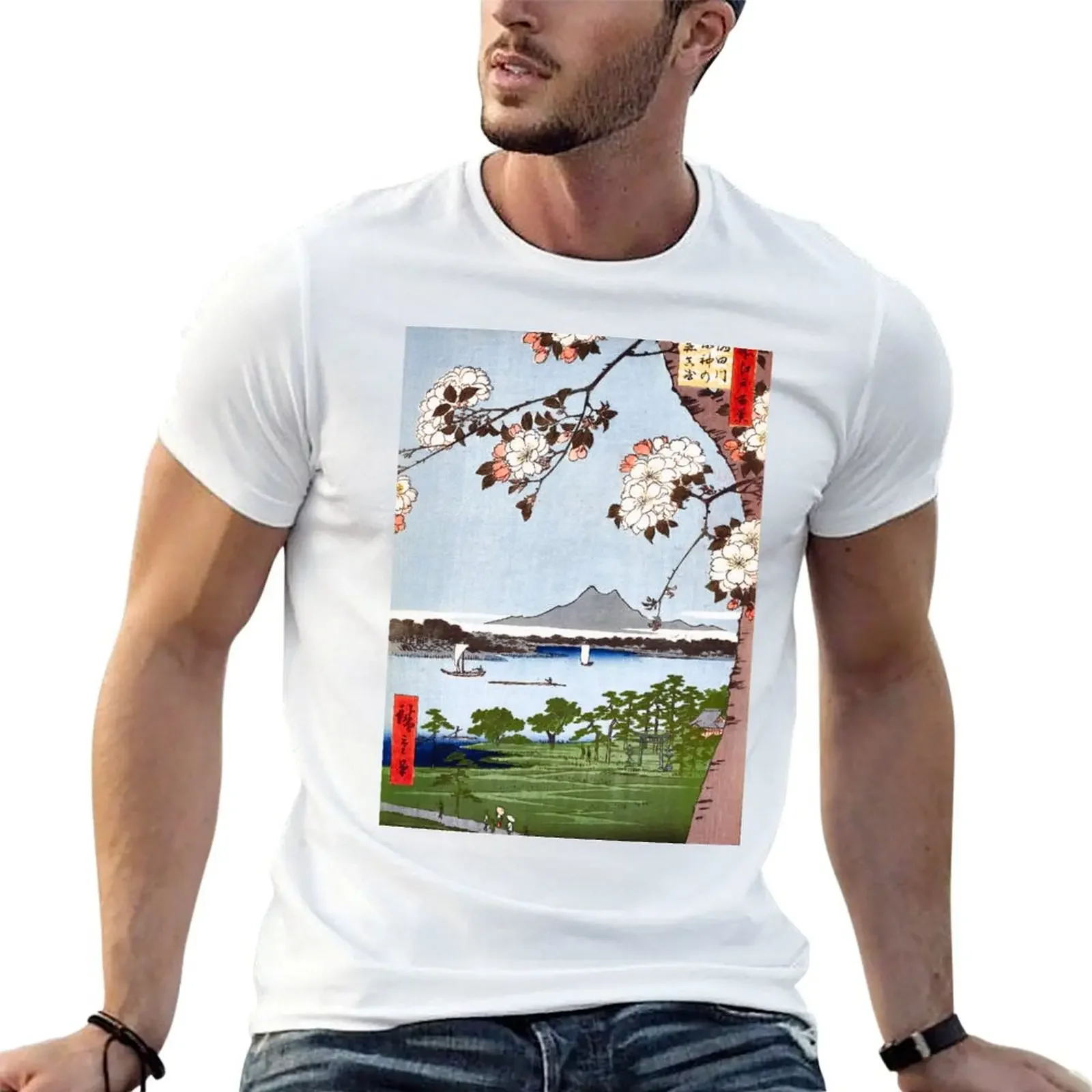 

Utagawa Hiroshige Suijin Shrine and Massaki on the Sumida River T-Shirt summer tops animal prinfor boys Short sleeve tee men