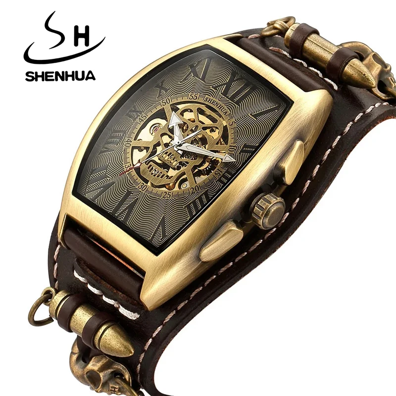 

SHENHUA Bronze Male Skull Watch Steampunk Style Men Skeleton Automatic Mechanical Watch Sport Military Wristwatch