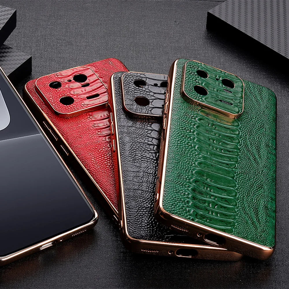 Genuine Cowhide Leather Phone Case for Xiaomi Mi13 Pro Mi 13 Classic Retro Ostrich Skin Pattern Glossy Frame Armor Back Cover