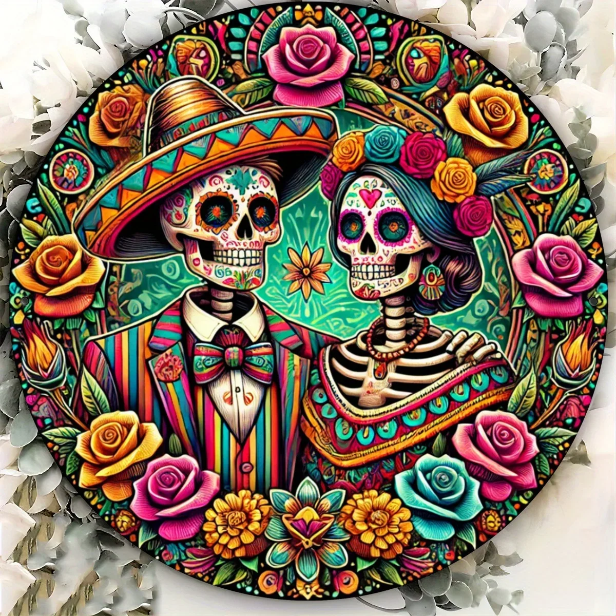 قطعة واحدة من لافتة خشبية مسطحة دائرية ثنائية الأبعاد، شعار إكليل بنمط هيكل عظمي يوم الموتى، مناسب لتزيين يوم الموتى