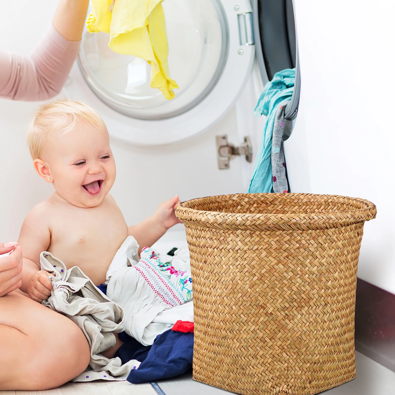 

Woven Storage Basket Rattan Trash Can Bathroom Bedroom Wicker Basket Laundry Garbage Container Home Office Kitchen Decorative