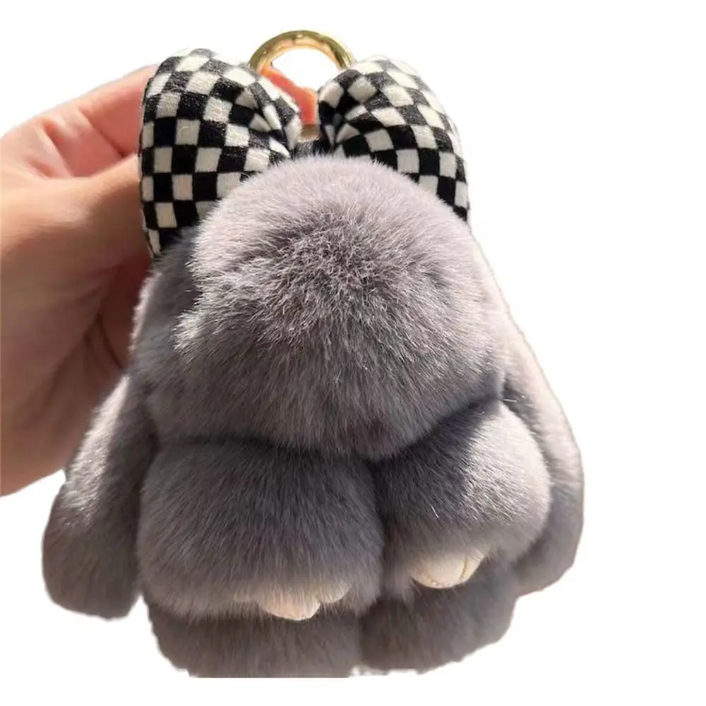 Hair Bow Rabbit Fur Keychain Pompoms Cute Fluffy Bunny Keychain Alloy Ring Keyholder Plush Rabbit Key Ring Couple Pendant