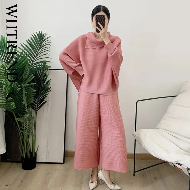 

WHTREND осенние новые плиссированные комплекты, свободные рубашки с отложным воротником + широкие брюки, женская повседневная одежда из двух предметов WH1591