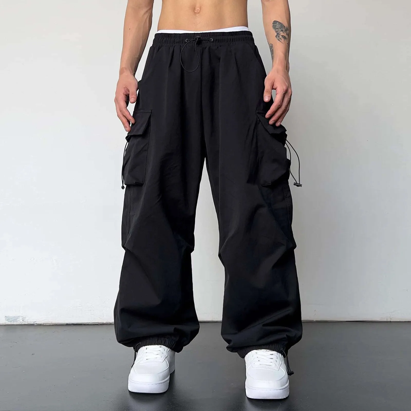 

Cargo Pants Mens Casual Elastic Waist Sports Woven Multi Pockets Solid Color Pants Street Pants Male Cargo Trousers Outdoor