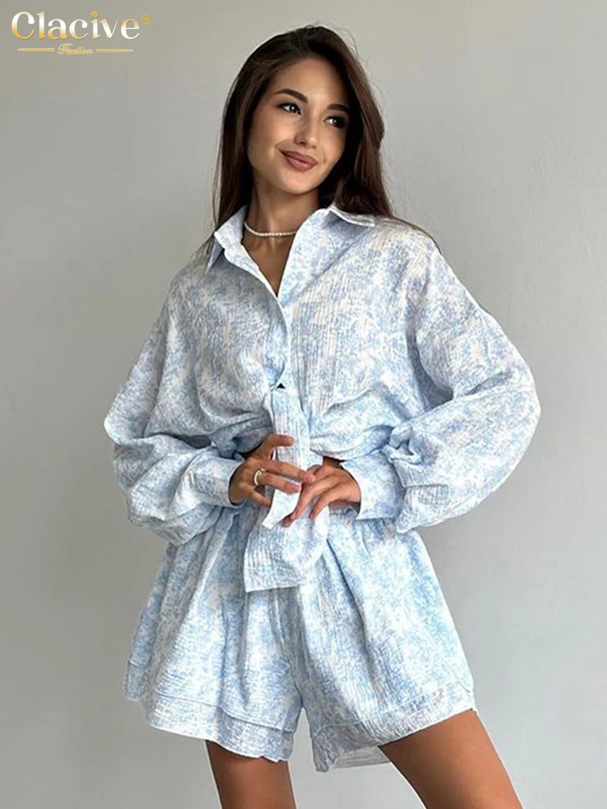 

Clacive Fashion Loose Print 2 Pieces Set For Woman 2025 Elegant Long Sleeve Shirt With High Waist Short Set Female Clothing
