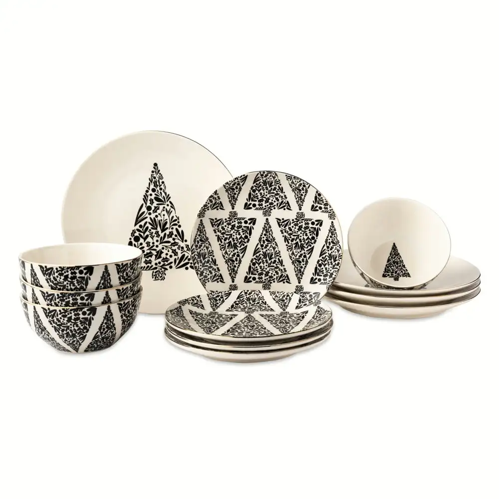 

Holiday Tree 12-Piece Ceramic Dinnerware Set - Cream