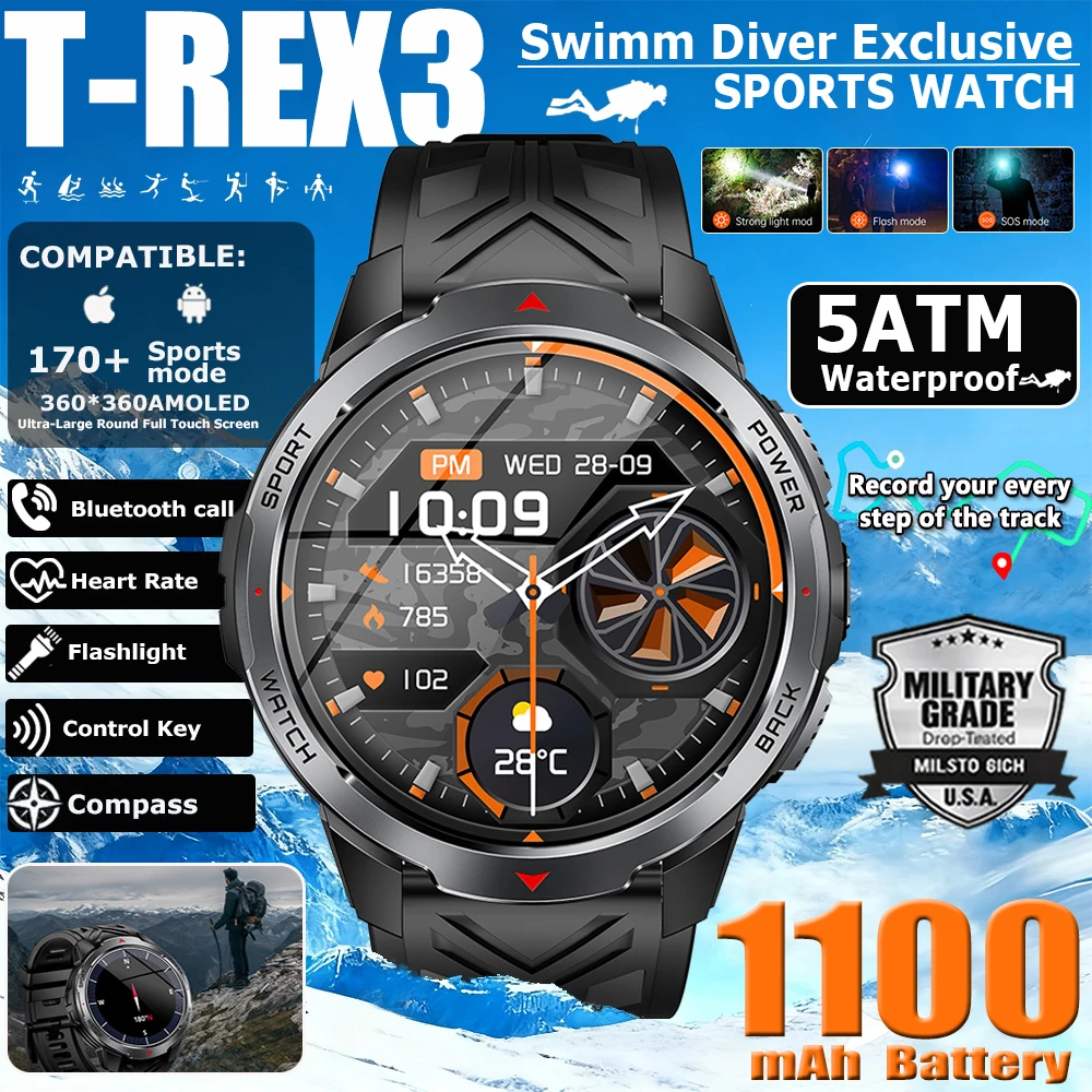 2025 NEW 1100mAh Military Outdoor Smart Watch Men LED Flashlight Compass Sports Watch IP68 Waterproof Bluetooth Call Smartwatch